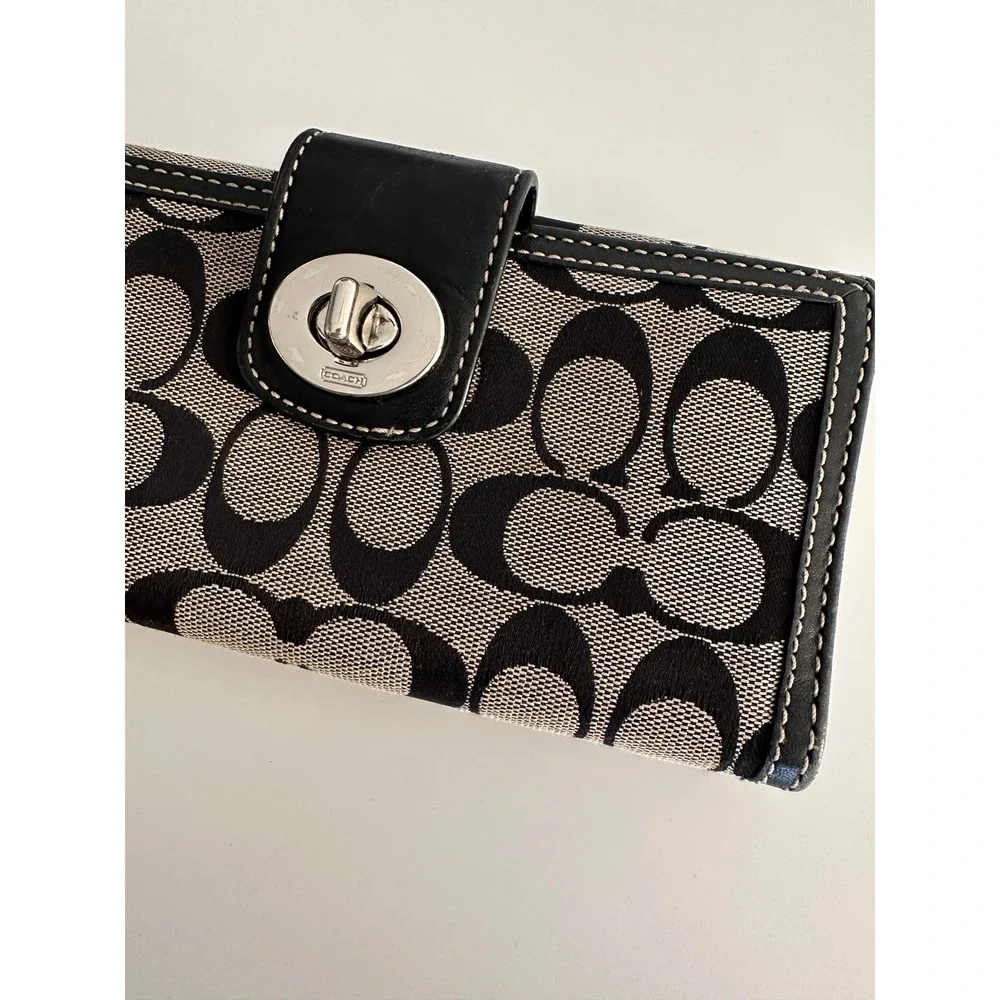 Coach Signature C Monogram Turnlock Trifold Long Wallet Black Canvas Leather Y2K